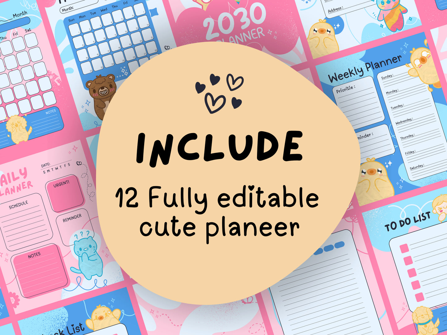 Cute Creatures Canva Daily Planner Template Collection