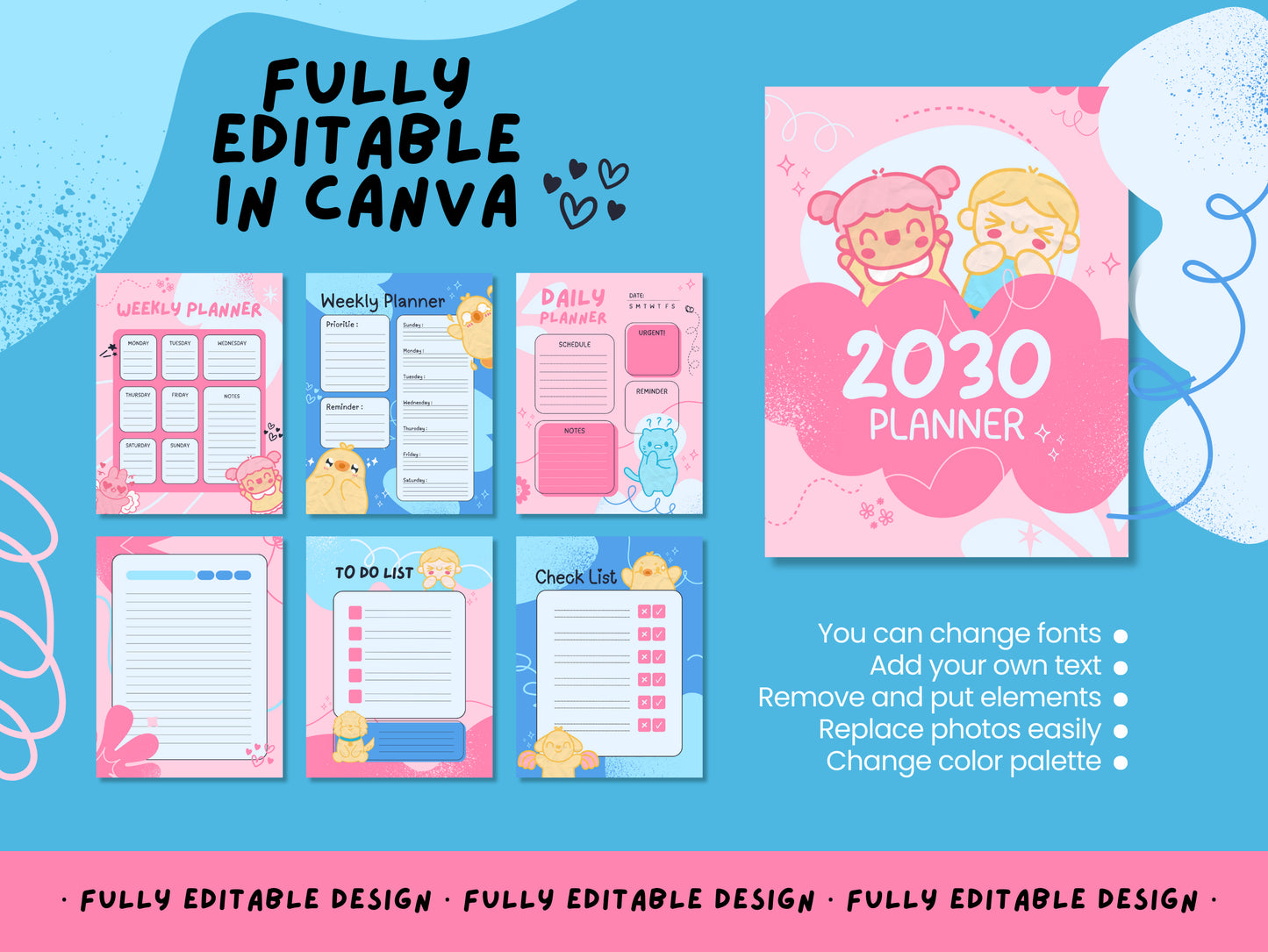 Cute Creatures Canva Daily Planner Template Collection