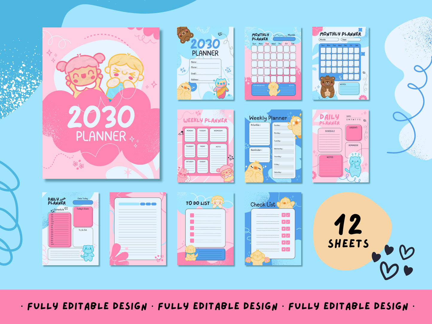 Cute Creatures Canva Daily Planner Template Collection