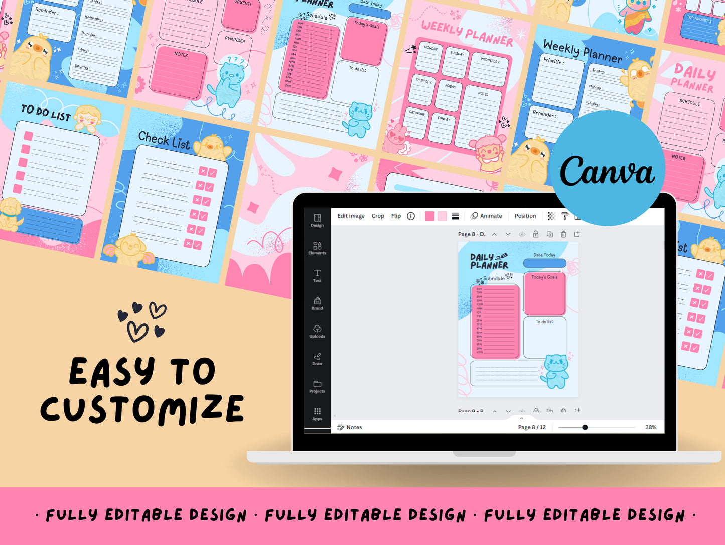 Cute Creatures Canva Daily Planner Template Collection