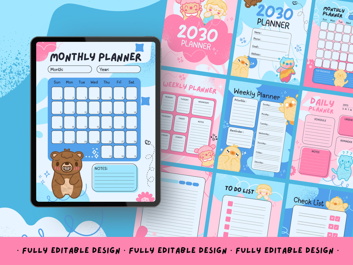 Cute Creatures Canva Daily Planner Template Collection