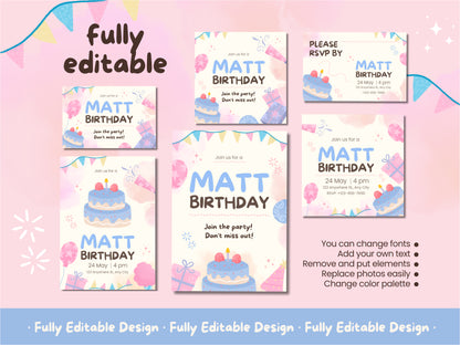 Birthday Invitation For Kids Canva Template Cake Invitation Cute Birthday Celebration Editable Invite Birthday Printable Party Social Media