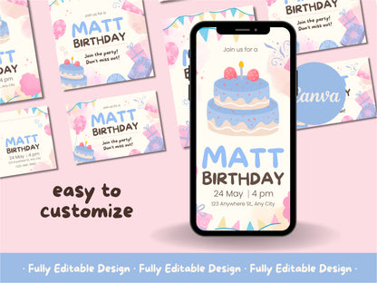 Birthday Invitation For Kids Canva Template Cake Invitation Cute Birthday Celebration Editable Invite Birthday Printable Party Social Media