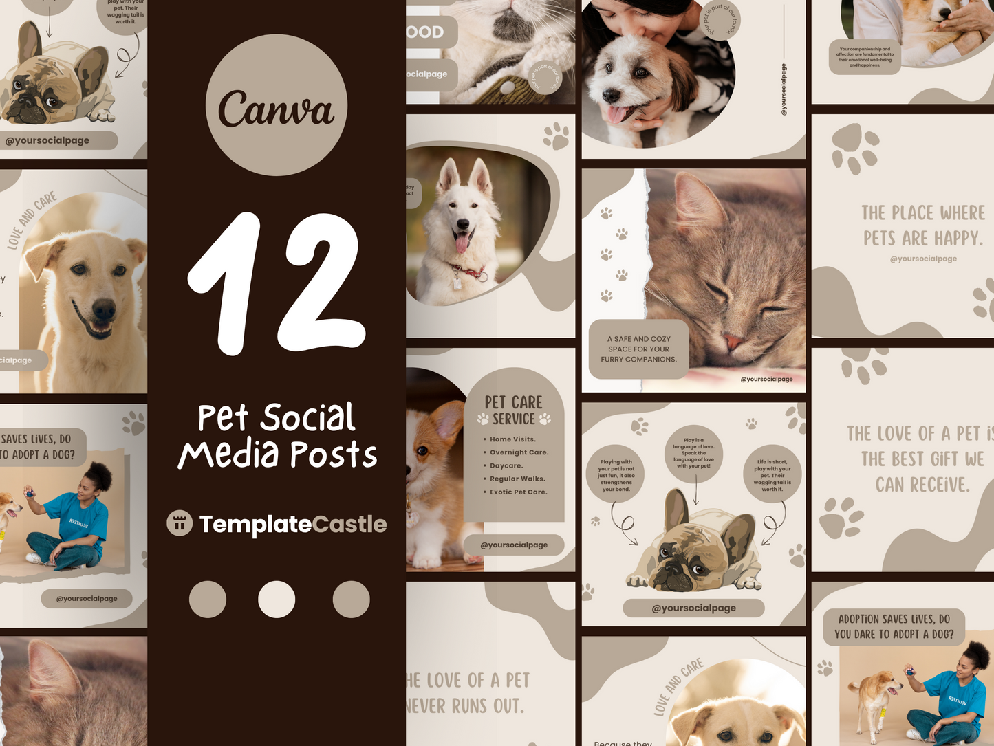 Pet Lovers Social Media Pack - 12 Editable Canva Templates for Pet Care Posts