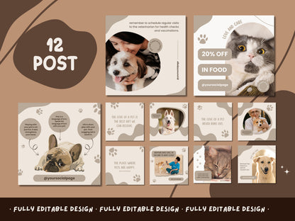 Pet Lovers Social Media Pack - 12 Editable Canva Templates for Pet Care Posts