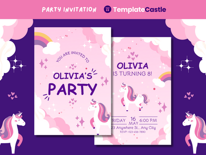 Unicorn Birthday Party Invitation - 2 Editable Canva Templates with Rainbow & Stars