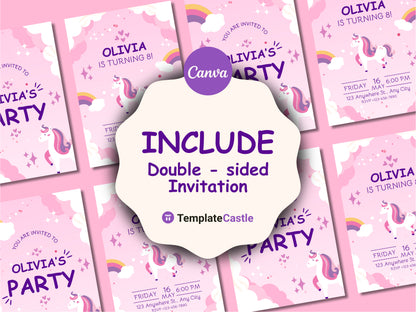 Unicorn Birthday Party Invitation - 2 Editable Canva Templates with Rainbow & Stars