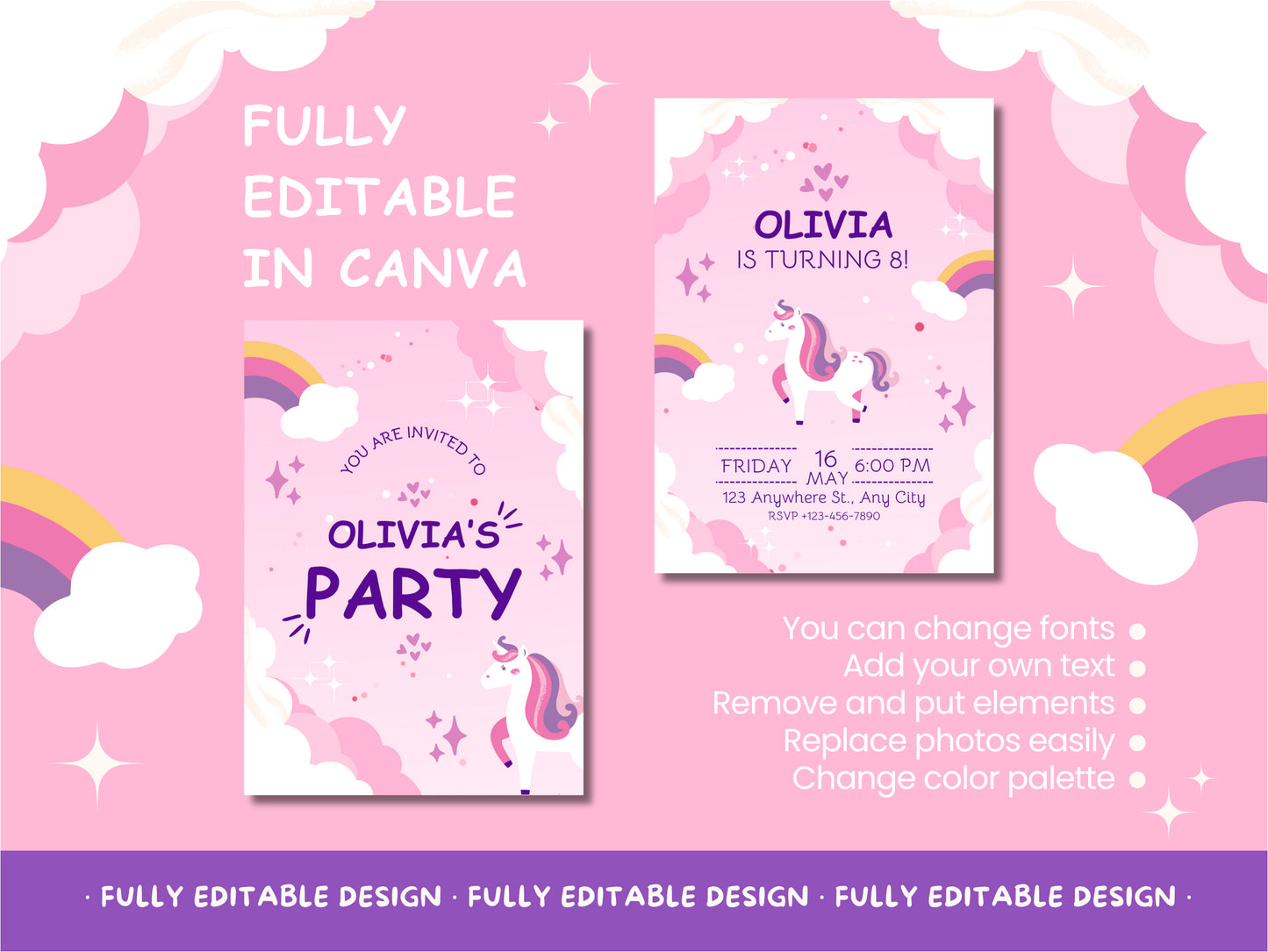 Unicorn Birthday Party Invitation - 2 Editable Canva Templates with Rainbow & Stars