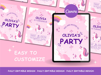 Unicorn Birthday Party Invitation - 2 Editable Canva Templates with Rainbow & Stars