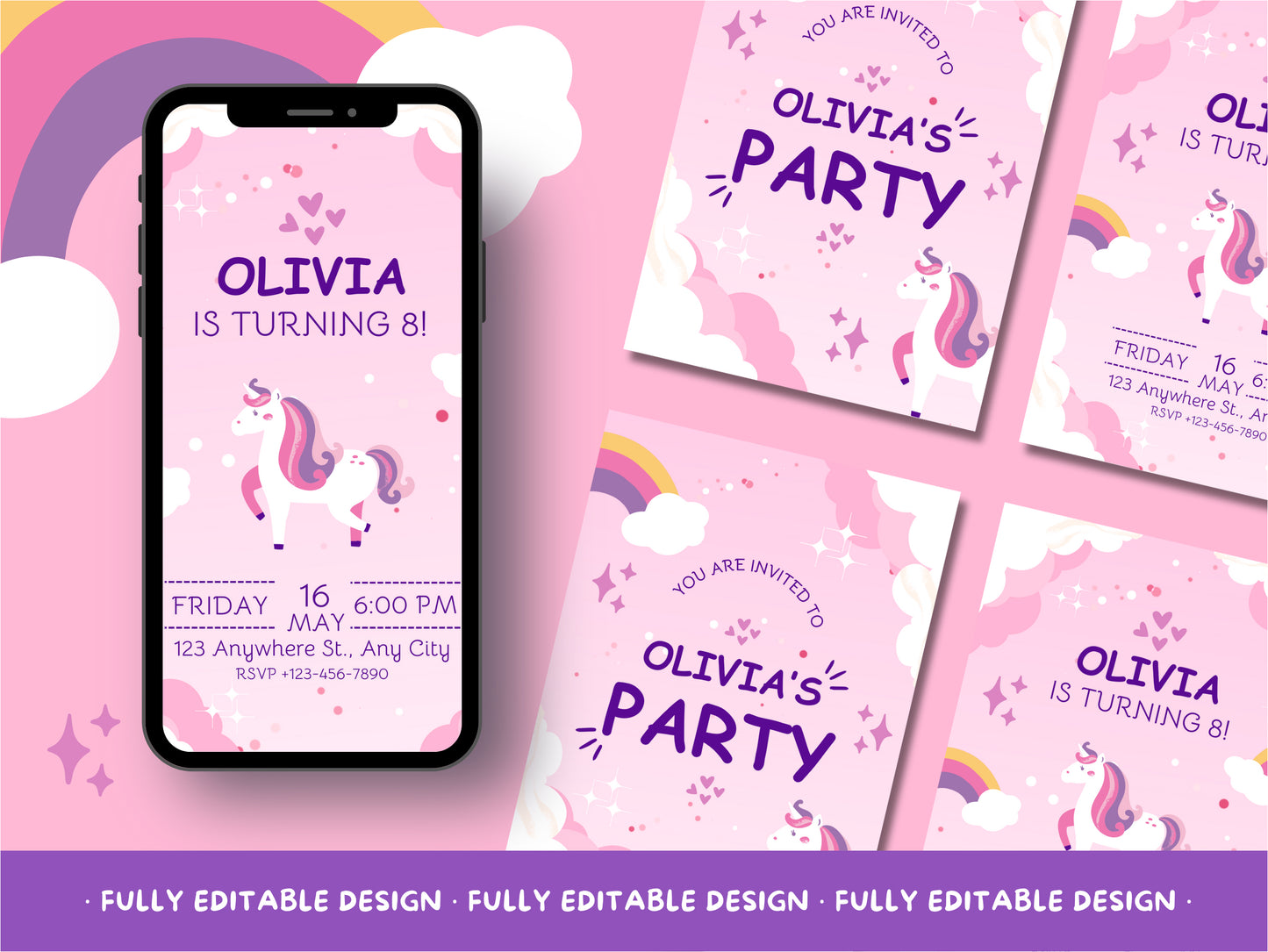 Unicorn Birthday Party Invitation - 2 Editable Canva Templates with Rainbow & Stars