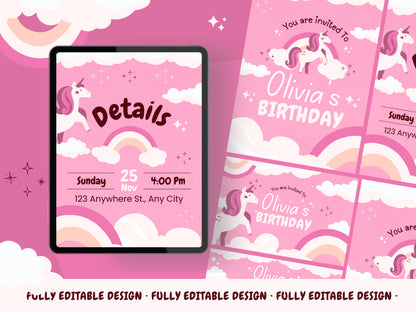 Enchanting Unicorn Birthday Invitation Canva Template - Personalize, Instant Download, Print-Ready