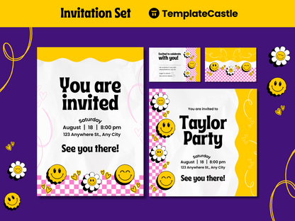 Smiley Face-Themed Canva Party Invitation Templates - Customizable, Instant Download, Fun Design