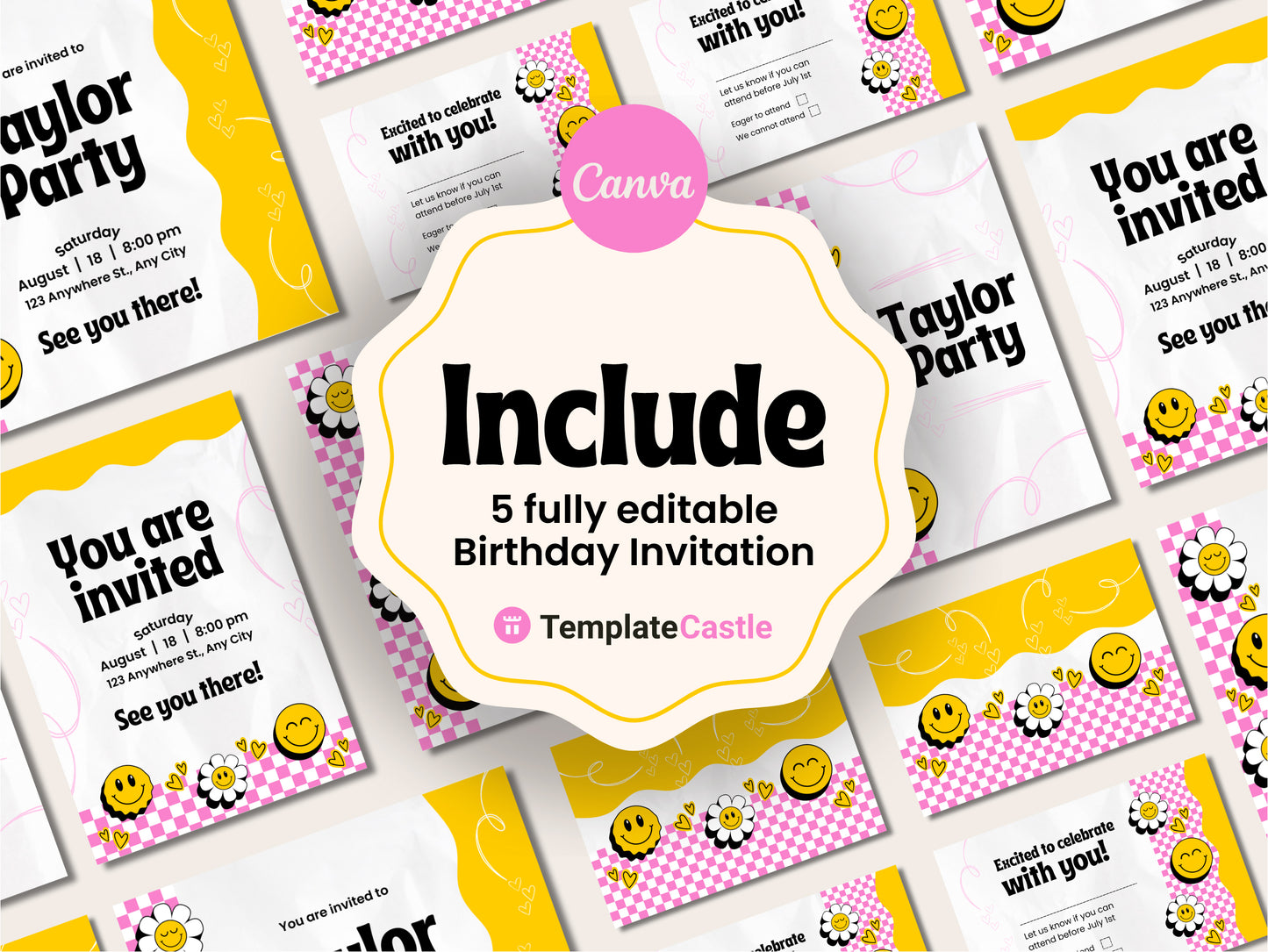 Smiley Face-Themed Canva Party Invitation Templates - Customizable, Instant Download, Fun Design