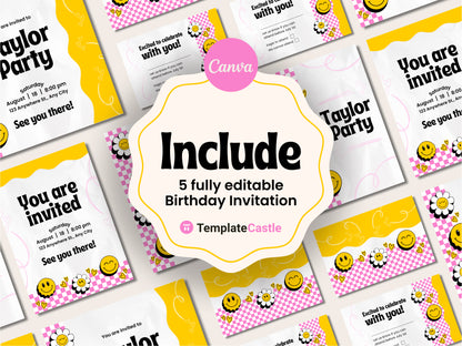 Smiley Face-Themed Canva Party Invitation Templates - Customizable, Instant Download, Fun Design