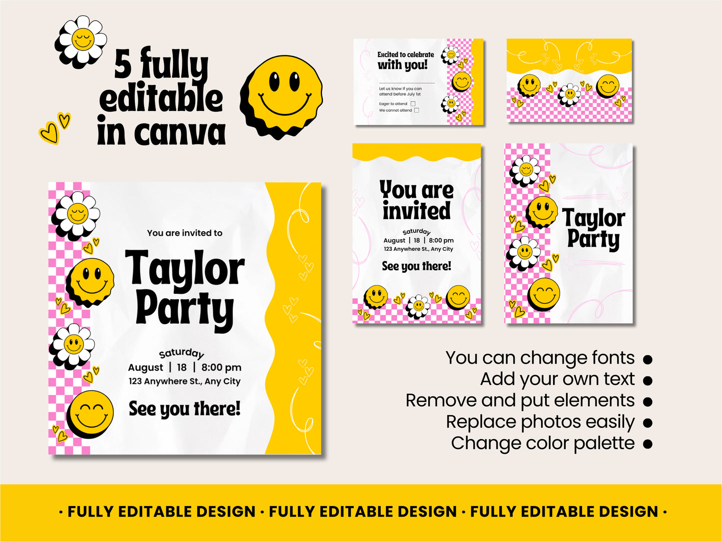 Smiley Face-Themed Canva Party Invitation Templates - Customizable, Instant Download, Fun Design