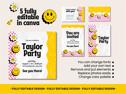 Smiley Face-Themed Canva Party Invitation Templates - Customizable, Instant Download, Fun Design