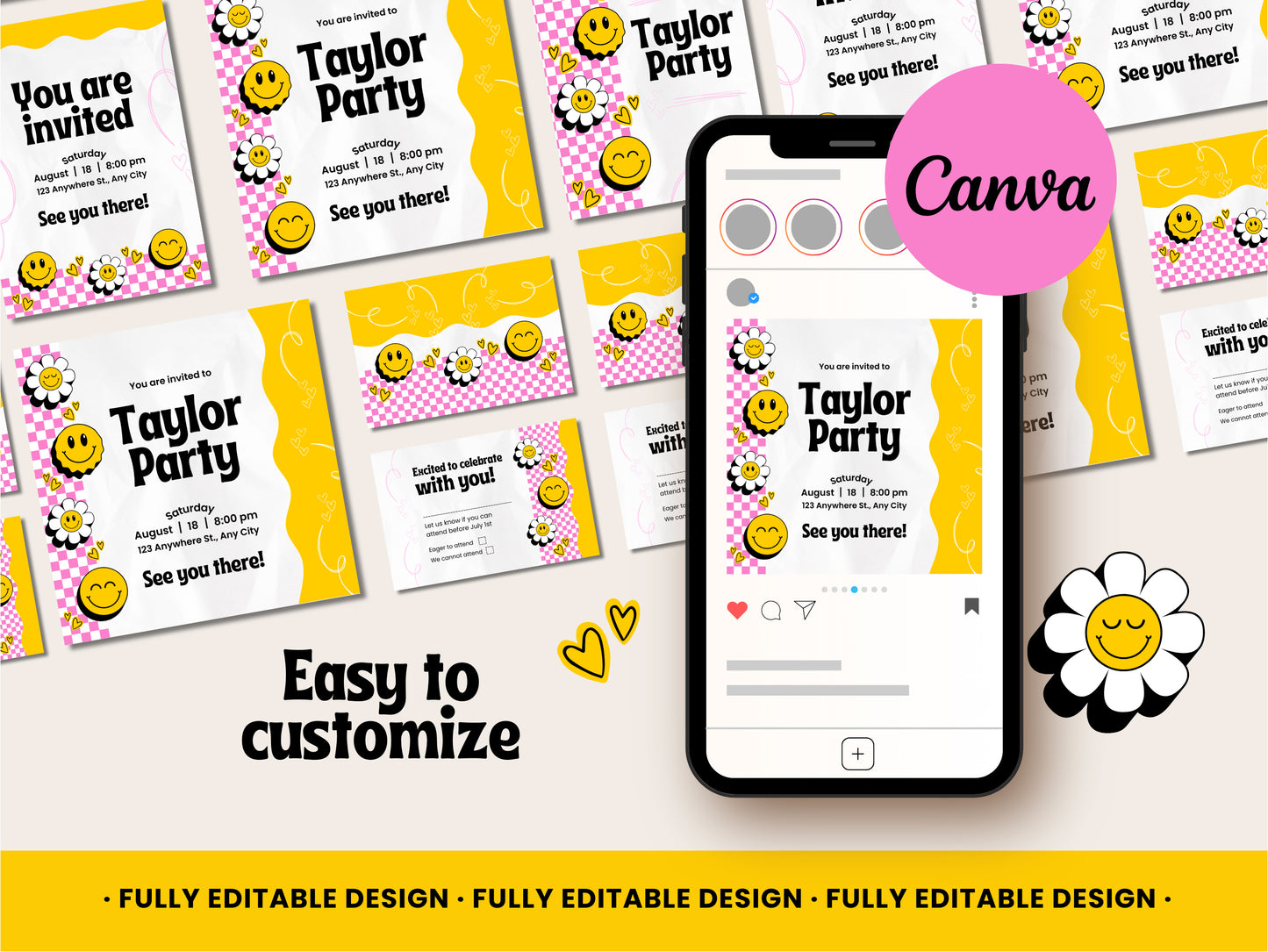 Smiley Face-Themed Canva Party Invitation Templates - Customizable, Instant Download, Fun Design