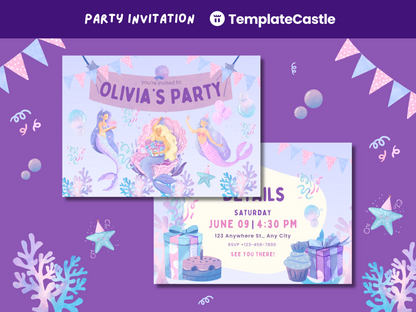 Birthday Invitation Mermaid Canva Template Under The Sea Invitation Girl Birthday Party Girl Printable Fully Editable Purple Invitation