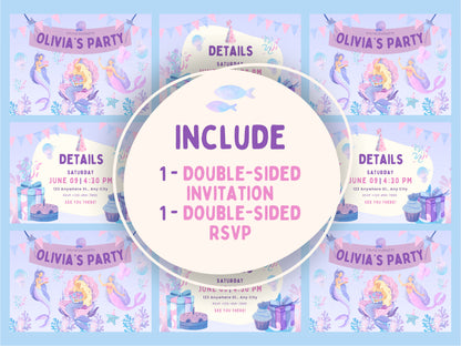 Birthday Invitation Mermaid Canva Template Under The Sea Invitation Girl Birthday Party Girl Printable Fully Editable Purple Invitation