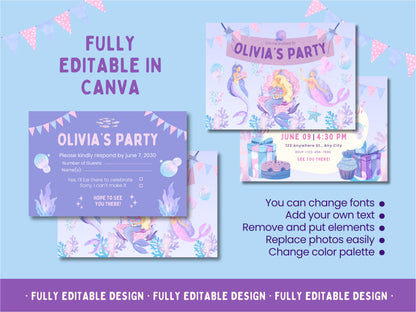 Birthday Invitation Mermaid Canva Template Under The Sea Invitation Girl Birthday Party Girl Printable Fully Editable Purple Invitation