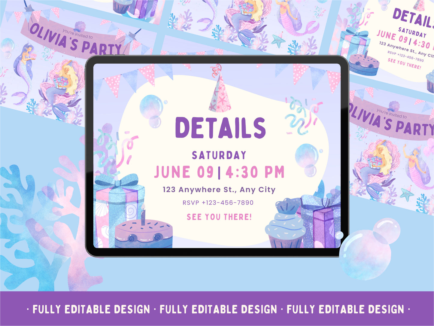 Birthday Invitation Mermaid Canva Template Under The Sea Invitation Girl Birthday Party Girl Printable Fully Editable Purple Invitation