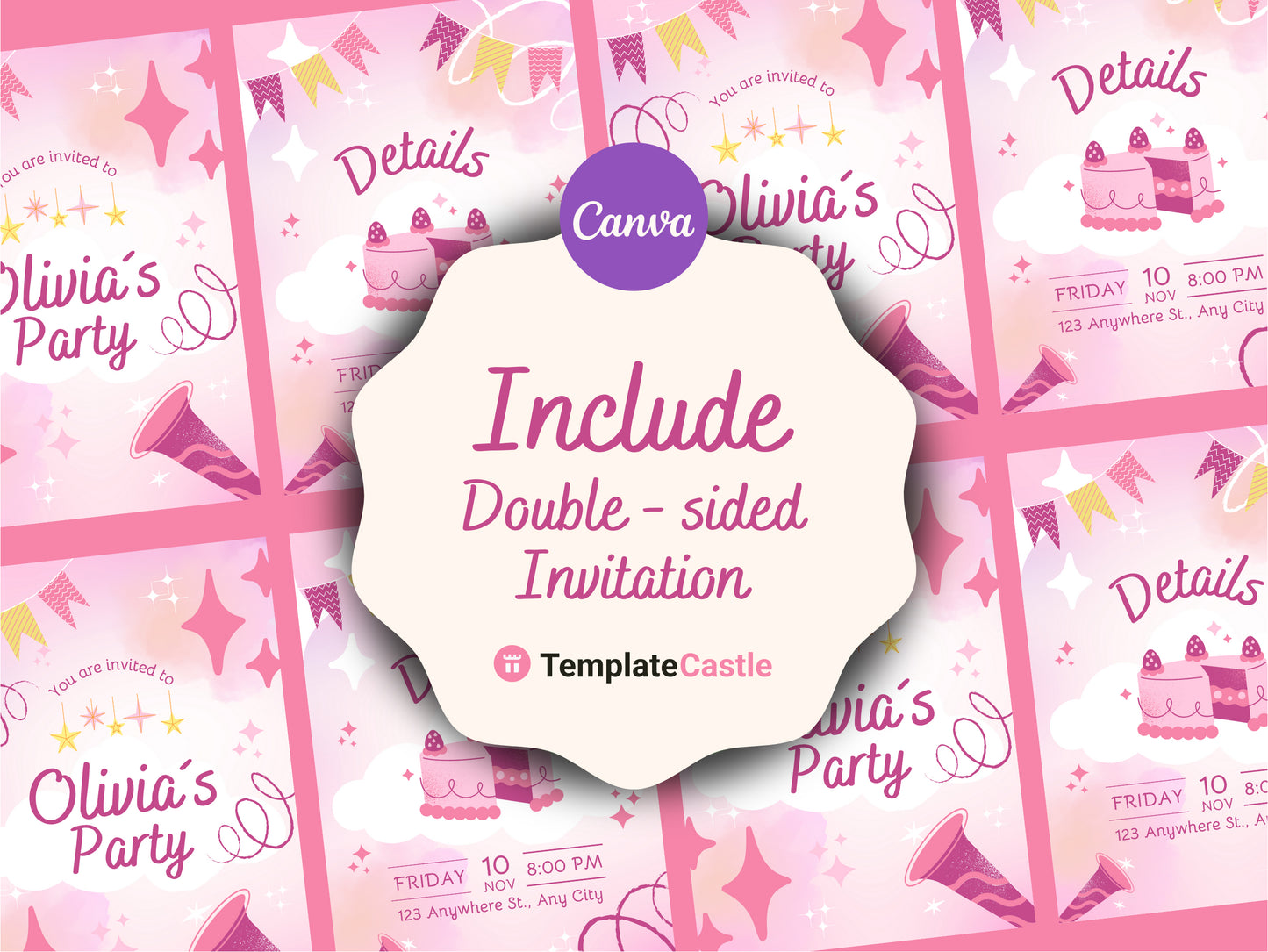 Pink Party Invitation Double Sided CanvaTemplates Birthday Invite Fully Editable Kids Party Customizable Invitation Double Party Printable