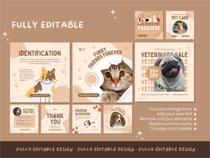 Professional Pet Care Canva Social Media Template Pack canva Editable Template mascots service posts instagram veterinary Posts