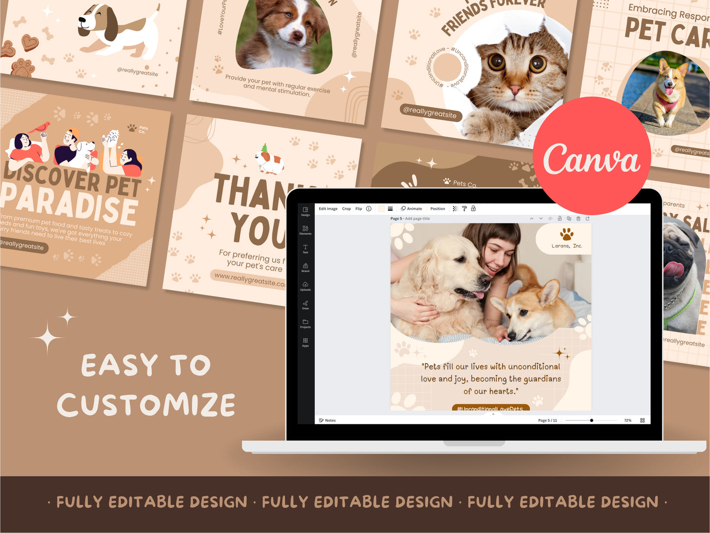 Professional Pet Care Canva Social Media Template Pack canva Editable Template mascots service posts instagram veterinary Posts