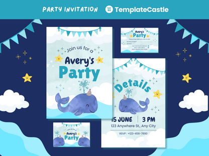 Childrens Party Invitation Templates Sea Adventure Canva  Editable Template Ocean Kids Celebration Cards