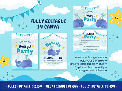 Childrens Party Invitation Templates Sea Adventure Canva  Editable Template Ocean Kids Celebration Cards