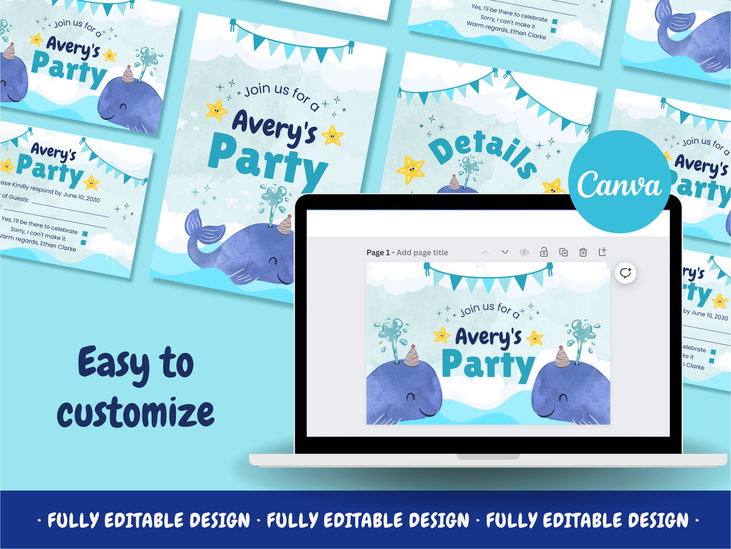 Childrens Party Invitation Templates Sea Adventure Canva  Editable Template Ocean Kids Celebration Cards