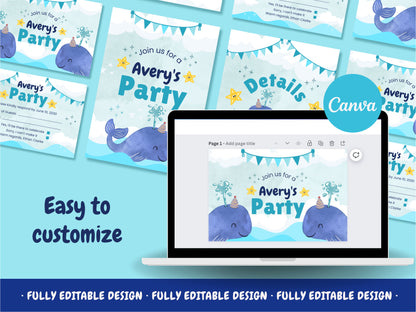 Childrens Party Invitation Templates Sea Adventure Canva  Editable Template Ocean Kids Celebration Cards