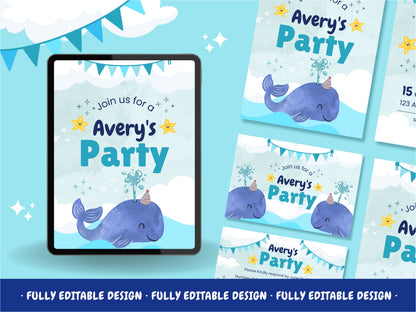 Childrens Party Invitation Templates Sea Adventure Canva  Editable Template Ocean Kids Celebration Cards