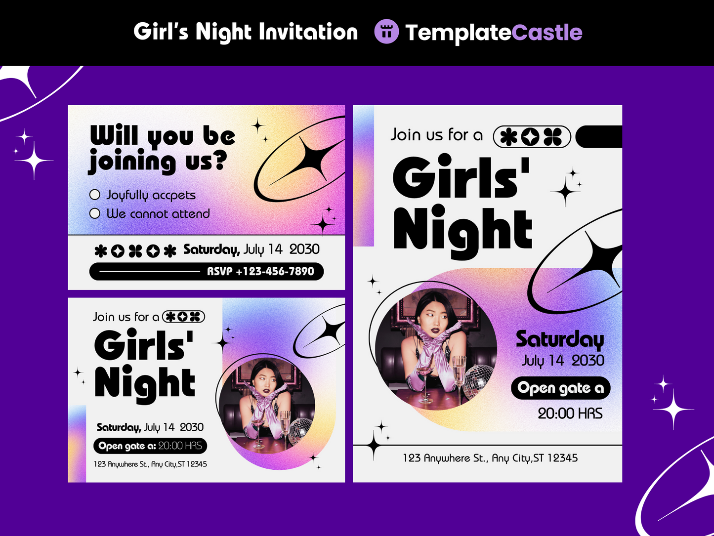 Girls Night Invitation CanvaTemplates  Vibrant & Bold Canva Editable Template Party Night Girls Invitation Cards