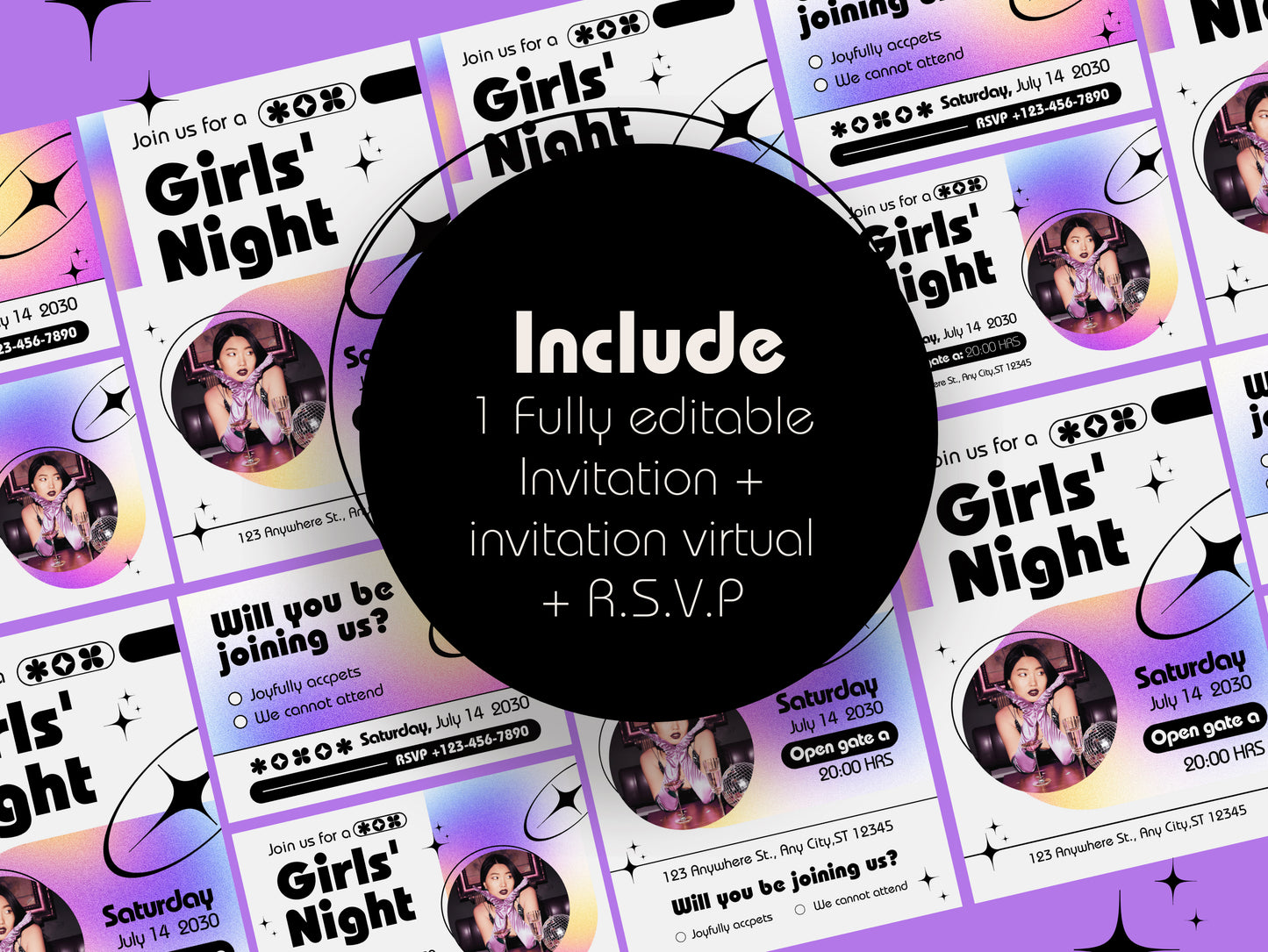 Girls Night Invitation CanvaTemplates  Vibrant & Bold Canva Editable Template Party Night Girls Invitation Cards