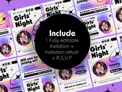 Girls Night Invitation CanvaTemplates  Vibrant & Bold Canva Editable Template Party Night Girls Invitation Cards