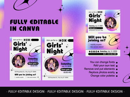 Girls Night Invitation CanvaTemplates  Vibrant & Bold Canva Editable Template Party Night Girls Invitation Cards