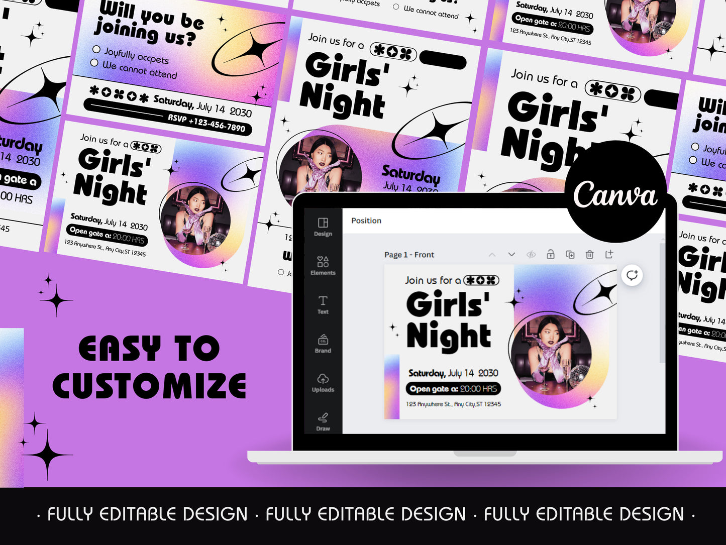 Girls Night Invitation CanvaTemplates  Vibrant & Bold Canva Editable Template Party Night Girls Invitation Cards