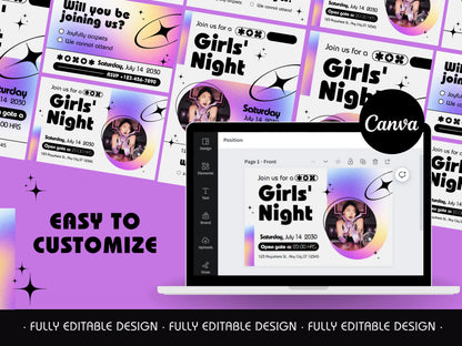 Girls Night Invitation CanvaTemplates  Vibrant & Bold Canva Editable Template Party Night Girls Invitation Cards