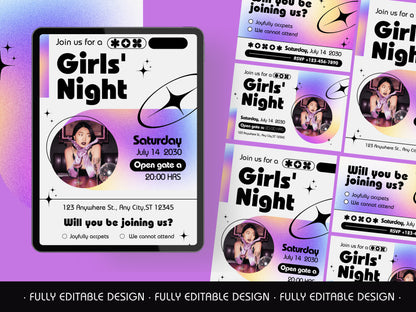 Girls Night Invitation CanvaTemplates  Vibrant & Bold Canva Editable Template Party Night Girls Invitation Cards