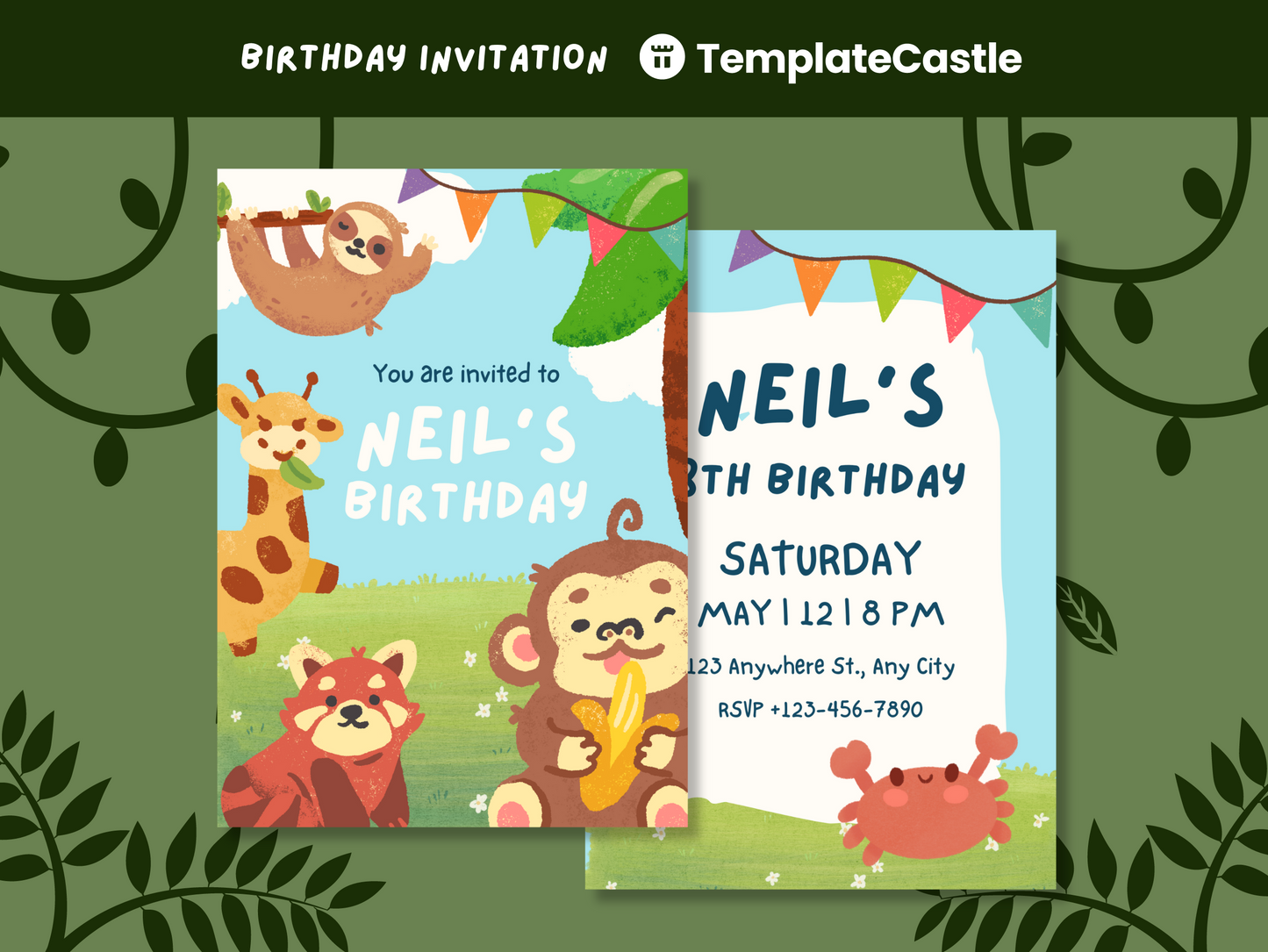 Happy Birthday Party Invitation Canva Templates Playful Design Jungle Friends Themed Childrens Canva Editable Template