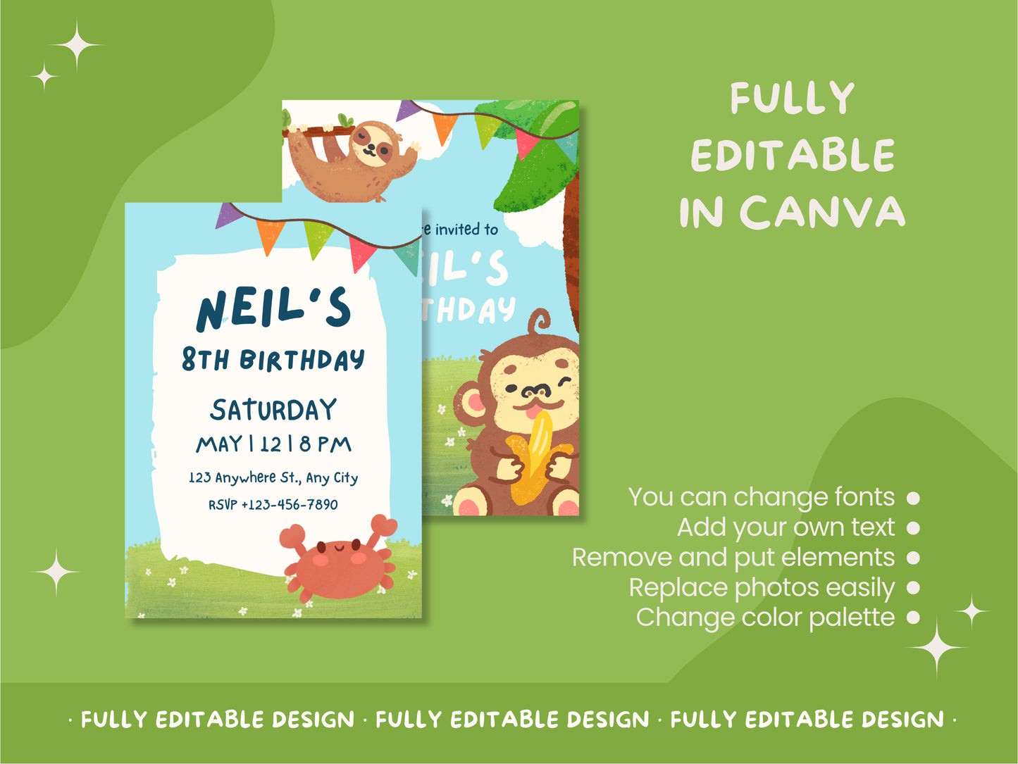 Happy Birthday Party Invitation Canva Templates Playful Design Jungle Friends Themed Childrens Canva Editable Template