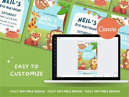 Happy Birthday Party Invitation Canva Templates Playful Design Jungle Friends Themed Childrens Canva Editable Template