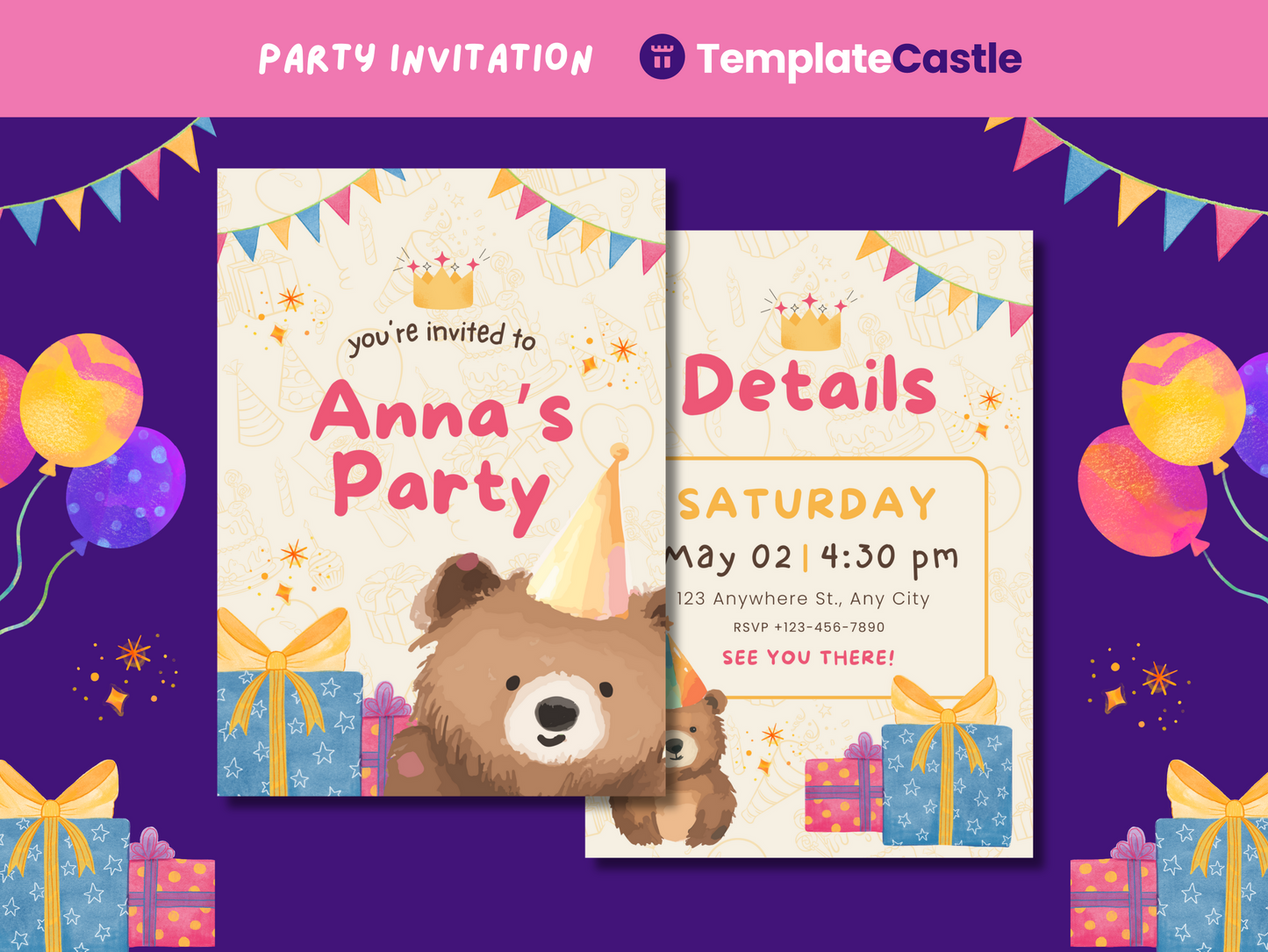 Birthday Party Canva Invitation Templates  Bear Themed Celebration Card Canva Editable Birthday Celebration