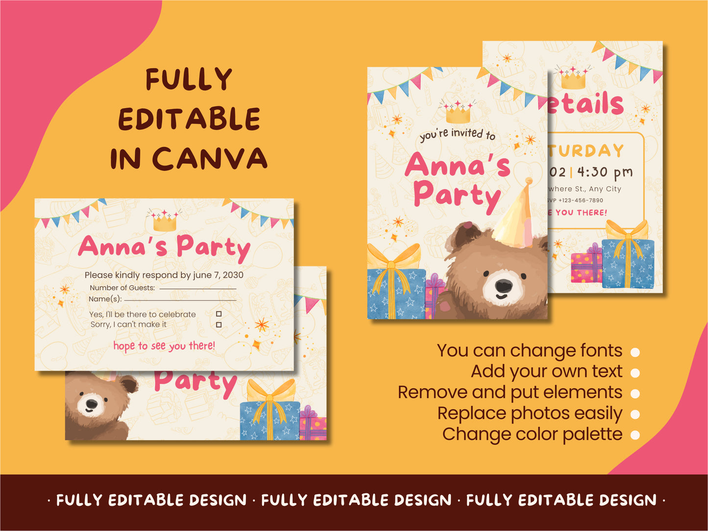 Birthday Party Canva Invitation Templates  Bear Themed Celebration Card Canva Editable Birthday Celebration