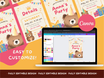 Birthday Party Canva Invitation Templates  Bear Themed Celebration Card Canva Editable Birthday Celebration