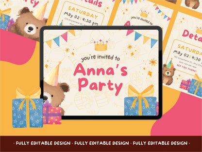 Birthday Party Canva Invitation Templates  Bear Themed Celebration Card Canva Editable Birthday Celebration