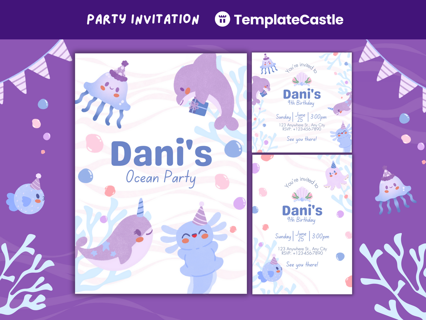 Birthday Party Canva Invitation Templates Sea Creature Themed Children Editable Canva Templates Happy Birthday Celebration Cards