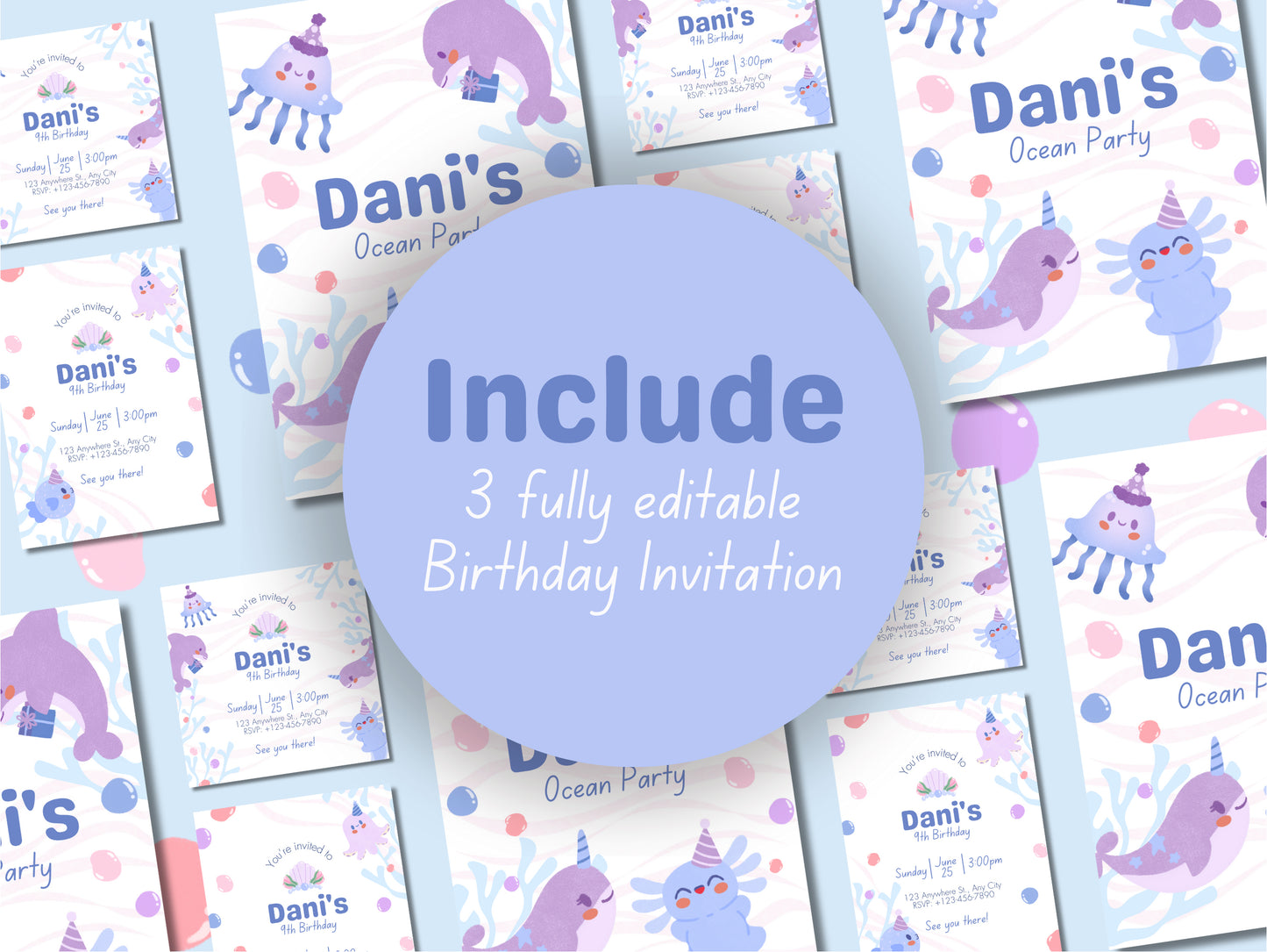 Birthday Party Canva Invitation Templates Sea Creature Themed Children Editable Canva Templates Happy Birthday Celebration Cards