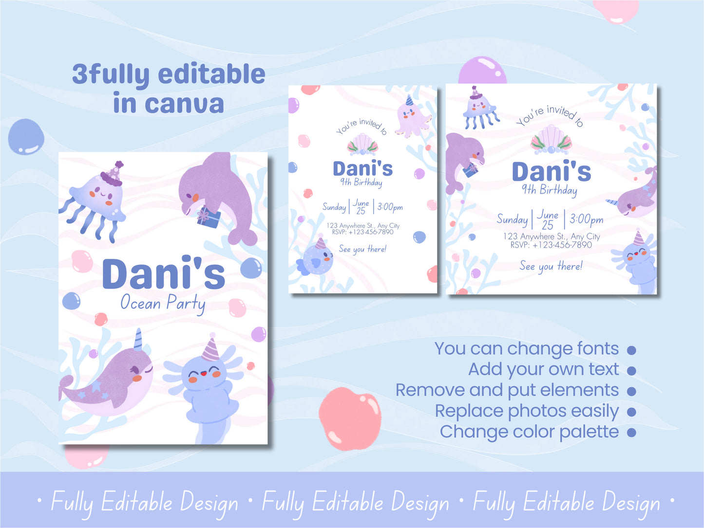 Birthday Party Canva Invitation Templates Sea Creature Themed Children Editable Canva Templates Happy Birthday Celebration Cards